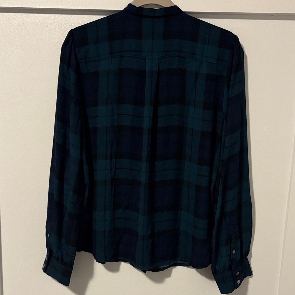 J.Crew Green Navy and Black Plaid Blouse with Bow - Picture 6 of 7